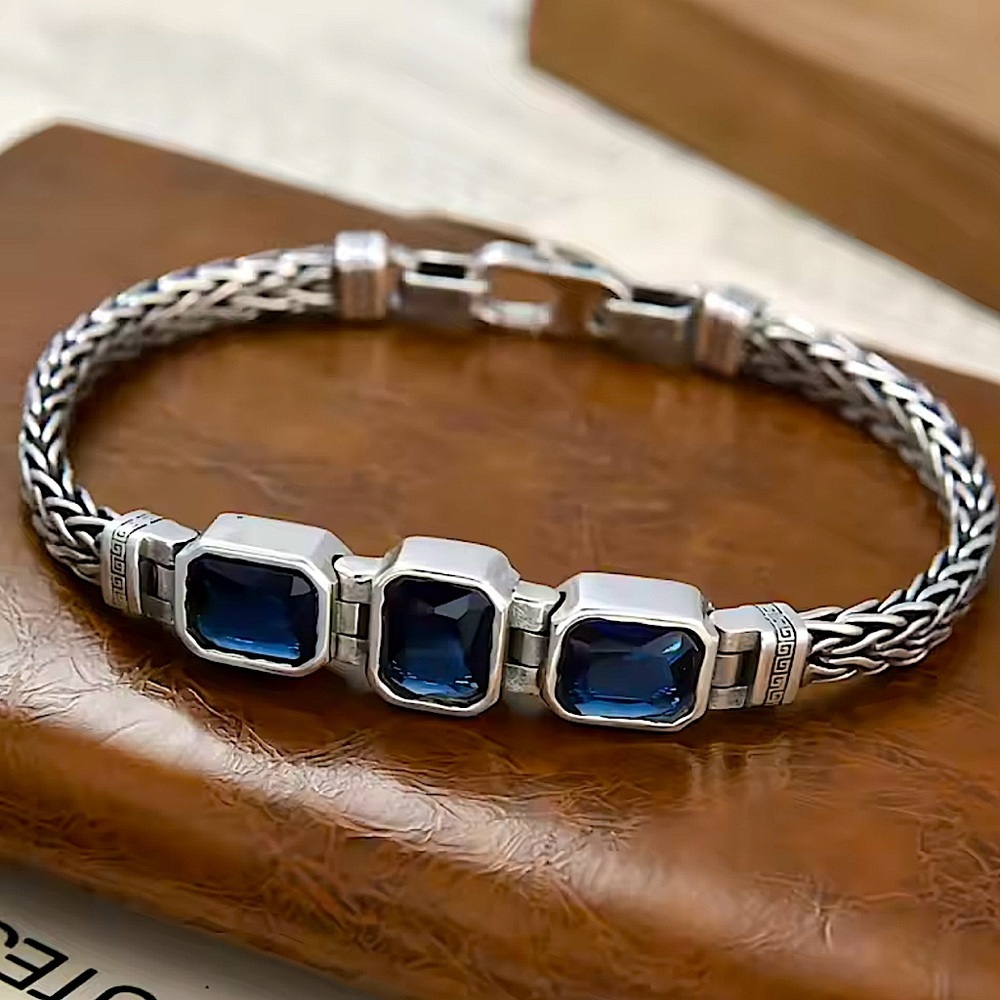 Sterling Silver Blue Zircon Braided Bracelet, Unisex, Handmade Three Stones